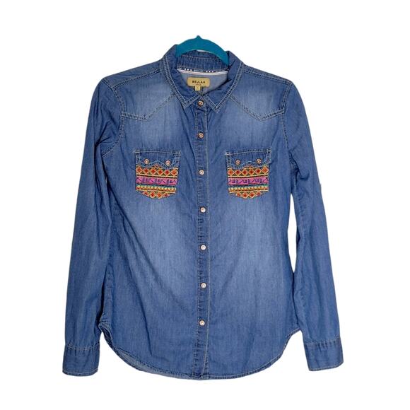 Beulah Embroidered Chambray Denim Button Up Shirt Size Small - Picture 1 of 7